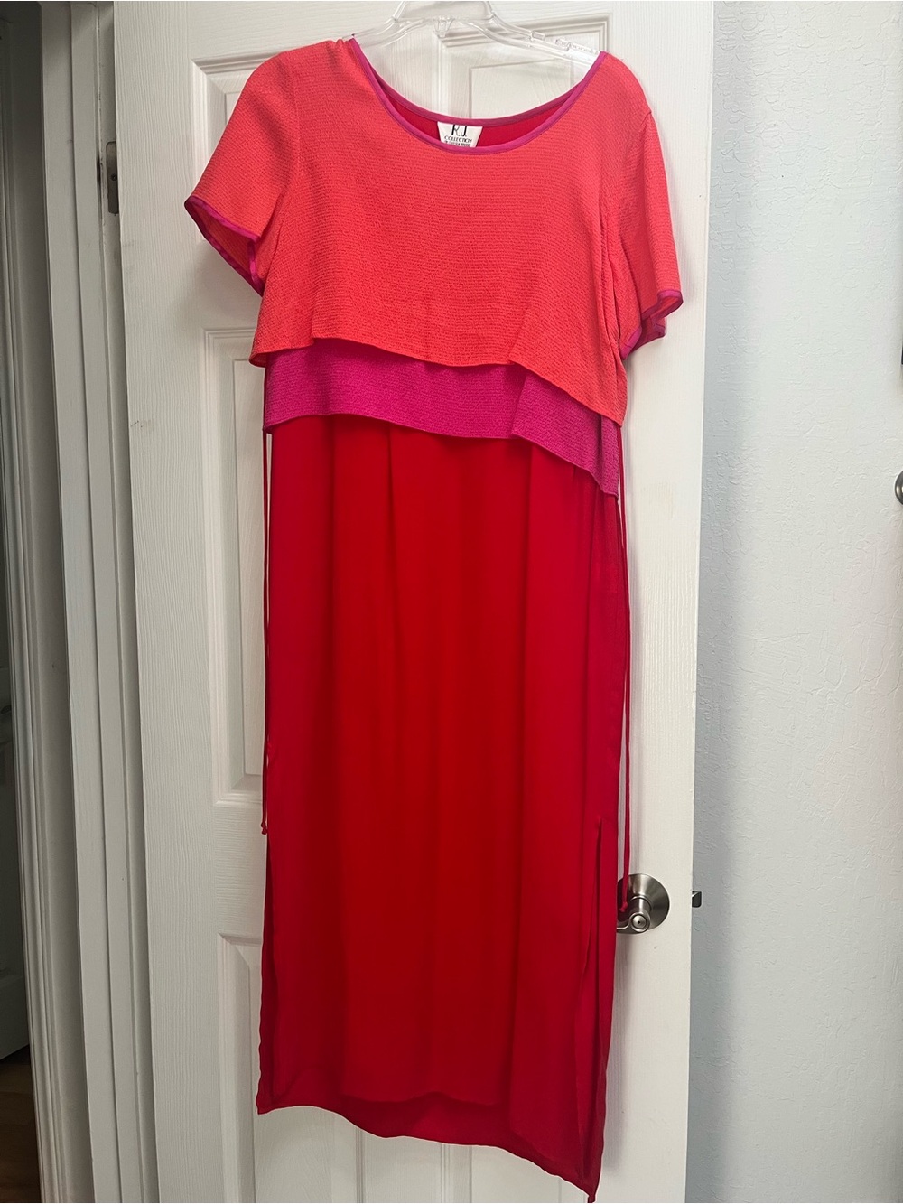 Colorblock Layered Midi Dress in Coral, Magenta, Red